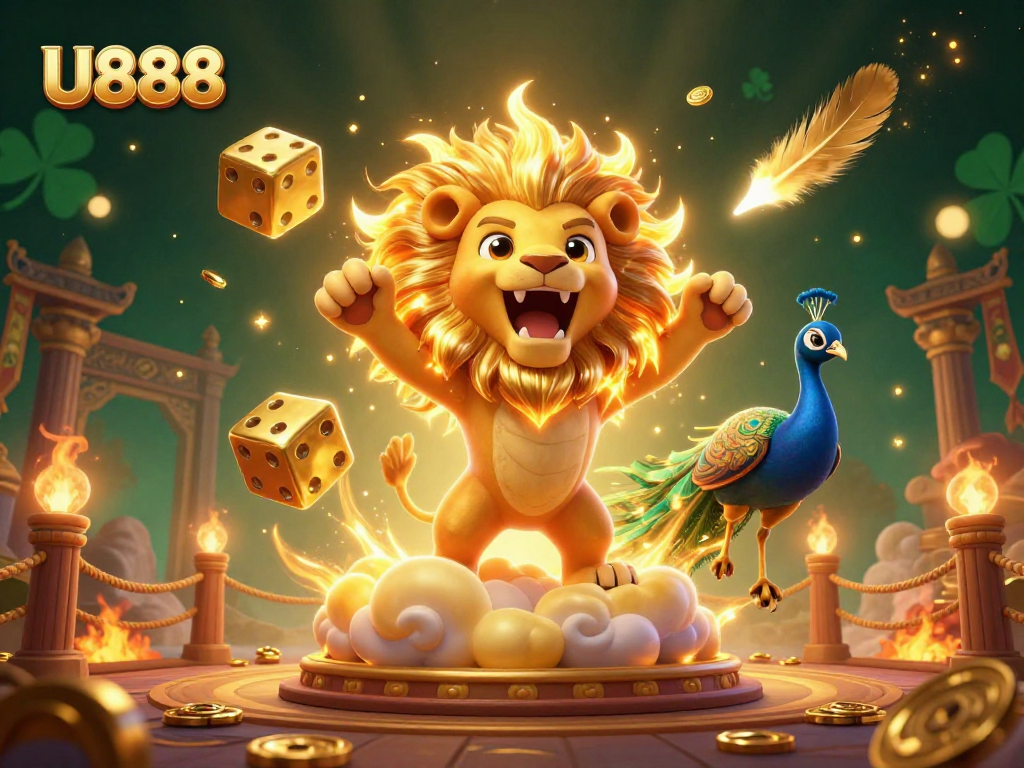 Experience thrilling gaming with U888 featuring a roaring sun lion and golden dice in a vibrant casino scene.
