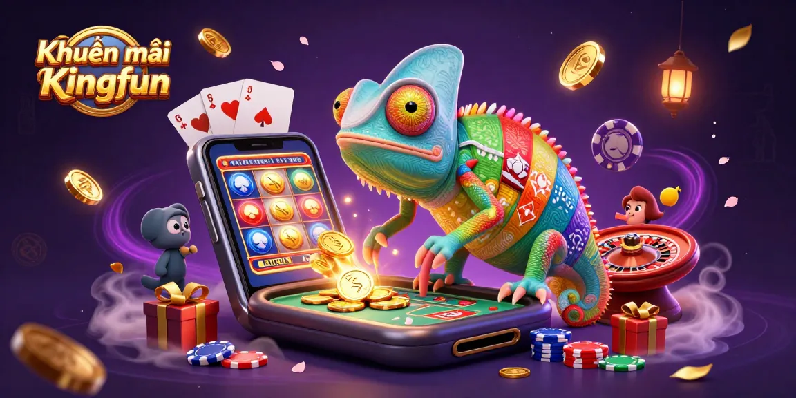 Engage with Khuyến mãi Kingfun as colorful slot reels and golden coins come to life in a vibrant casino scene.