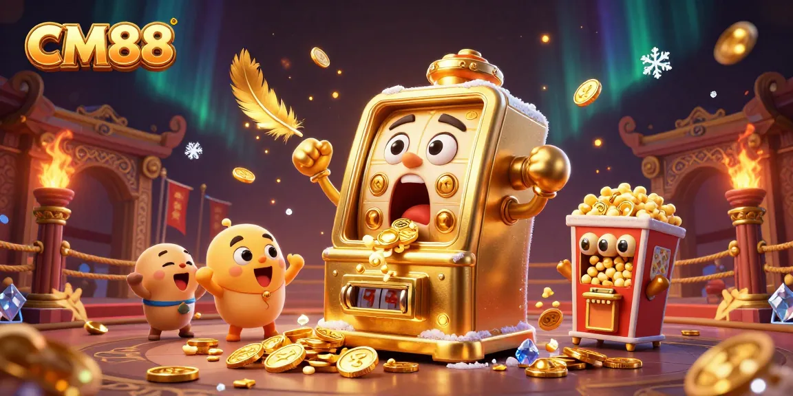 CM88's animated slot machine celebrating a jackpot with coins pouring out, set in a vibrant casino scene.
