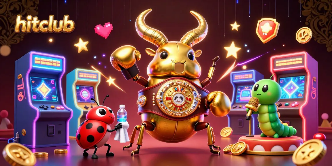 hitclub offers an exciting gaming experience with a 3D illustration of a golden stag beetle in a boxing ring.