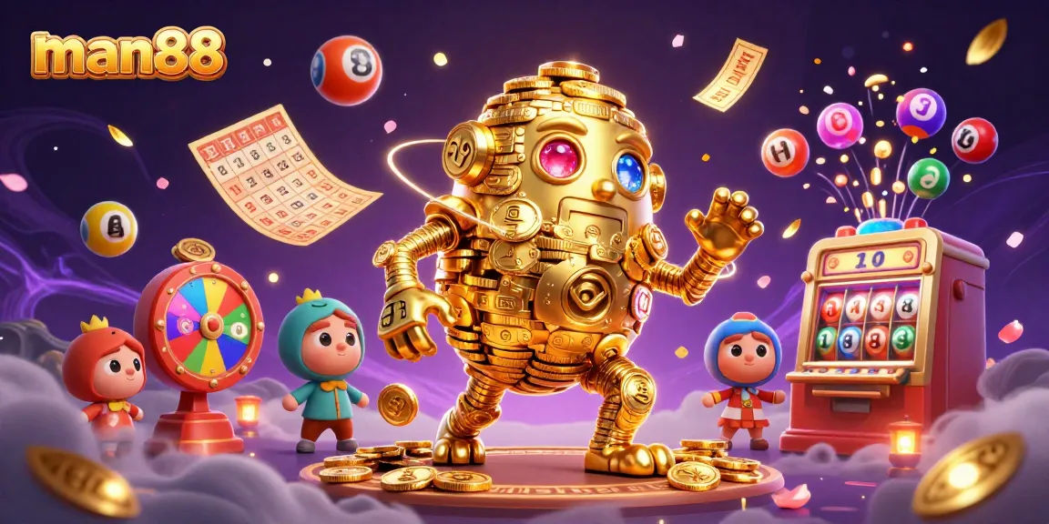 Enjoy thrilling moments at man88 with a vibrant golem surrounded by golden gambling elements and lotteries.