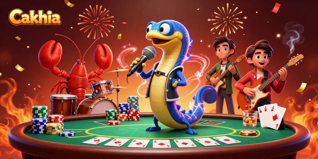 Cakhia features an electric eel DJ performing at an underwater casino with dynamic poker elements and festive confetti.