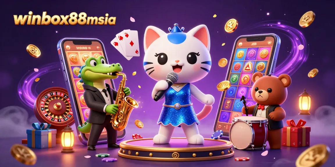 Experience thrilling wins with winbox88msia at this vibrant casino scene featuring animated characters and game elements.