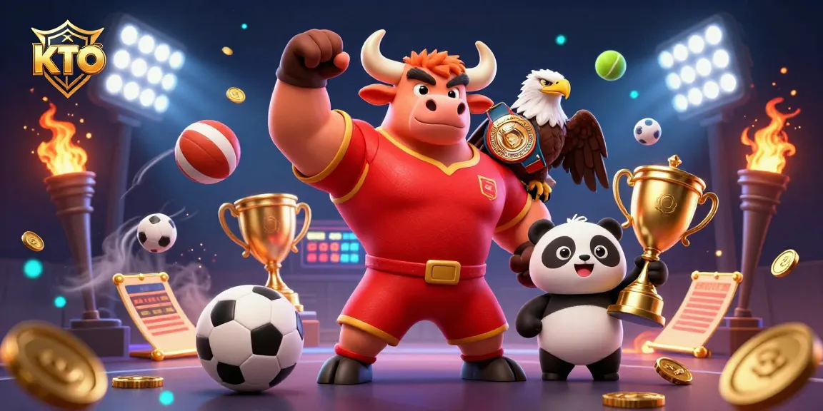 KTO sports betting scene featuring a bull mascot and trophy in a vibrant casino illustration