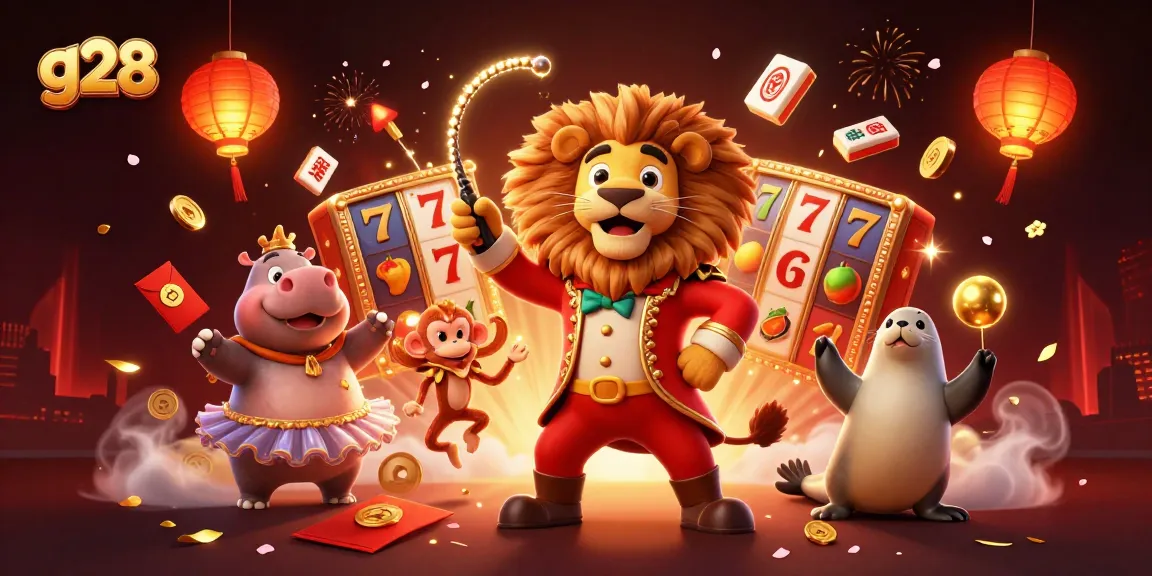 Engaging g28 experience with spinning slot reels and vibrant casino characters.