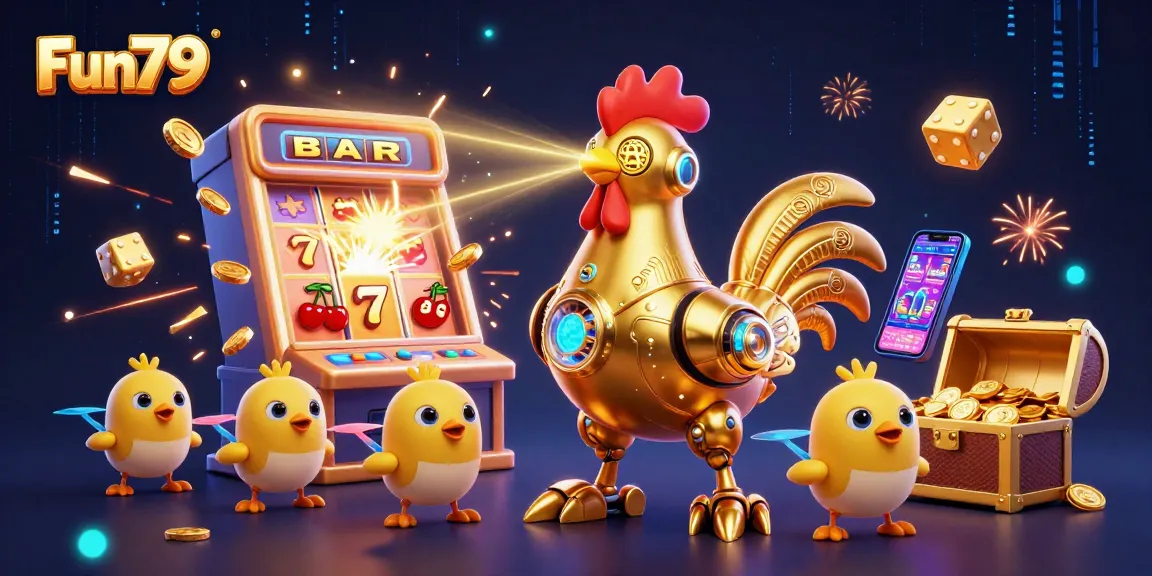 Experience Fun79’s vibrant casino adventure with golden robot and winning symbols bursting with excitement.