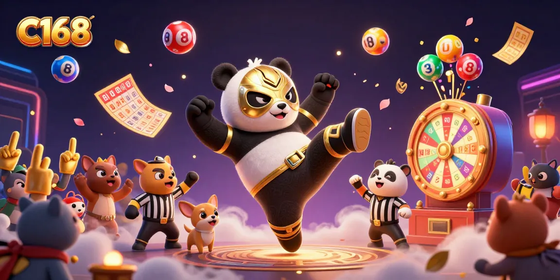 C168 captures a dynamic scene with a wrestler panda, referee chihuahua, and lottery elements in lively casino atmosphere.