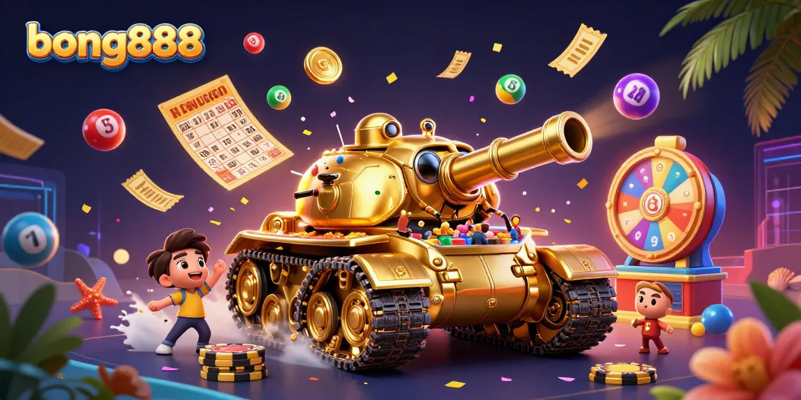 Experience exciting gameplay at bong888 with a golden tank casino and vibrant game elements flying around.