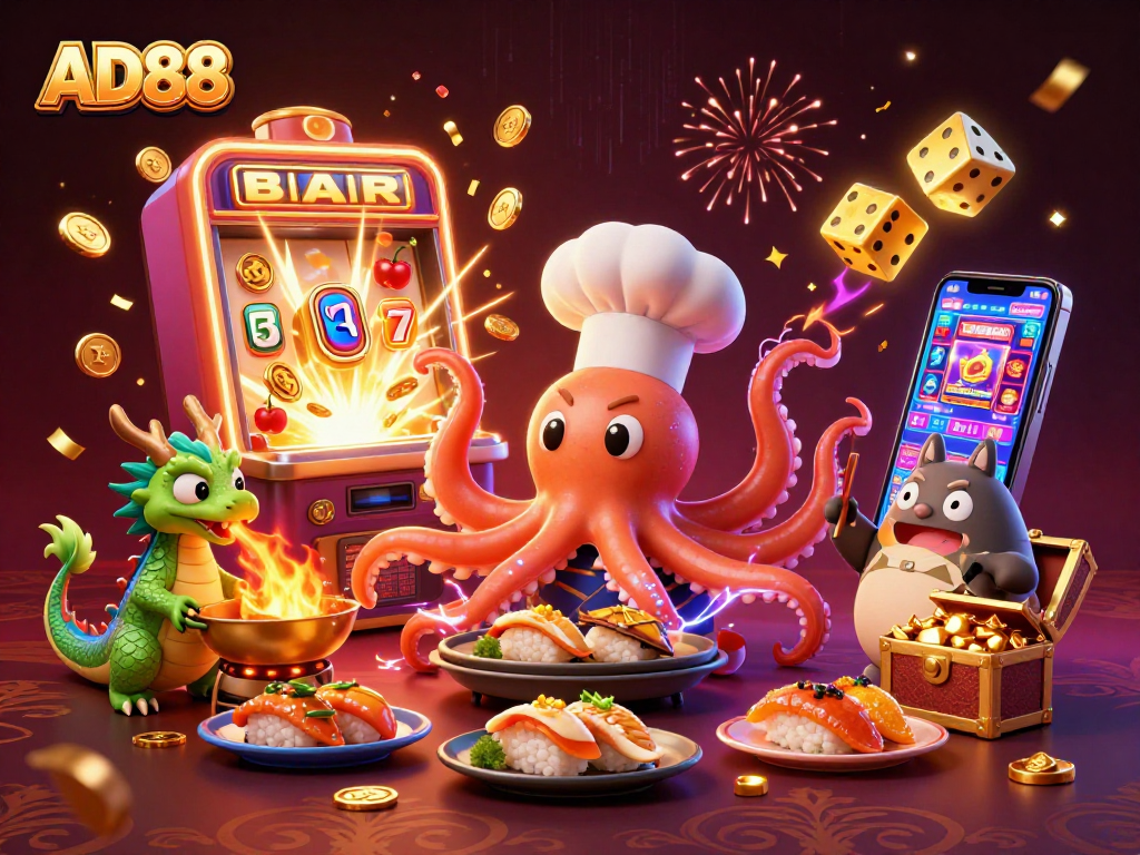 Experience the excitement of AD88 with a vibrant 3D casino scene featuring an octopus chef and jackpot elements.