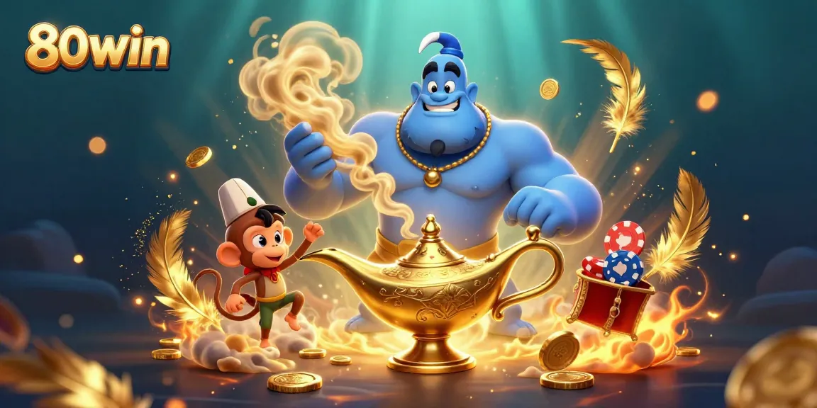 80win engages players with thrilling casino fun, featuring a blue genie and magic carpet in an exciting gaming scene.
