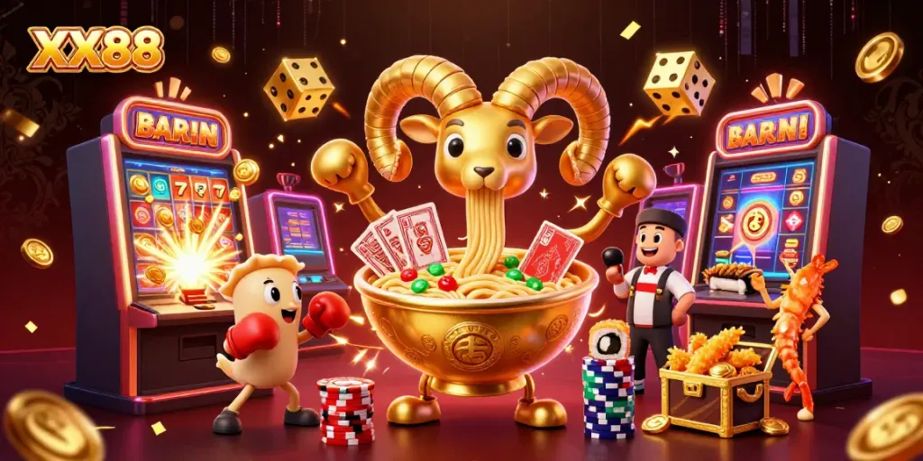 Experience the excitement of XX88 with a vibrant 3D casino illustration showcasing dynamic game elements and unique characters.