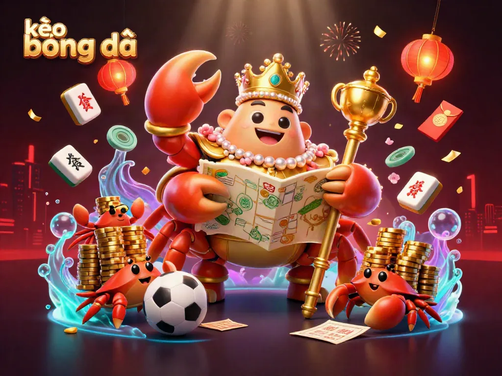 Experience kèo bóng đá with a golden crab emperor amidst sports betting elements in a vibrant casino scene.