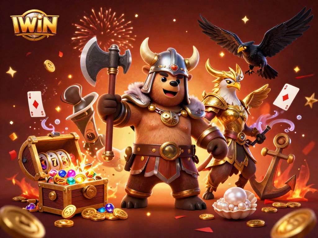 IWIN brings excitement with a Viking bear, Valkyrie eagle, and lively casino elements in a packed scene.