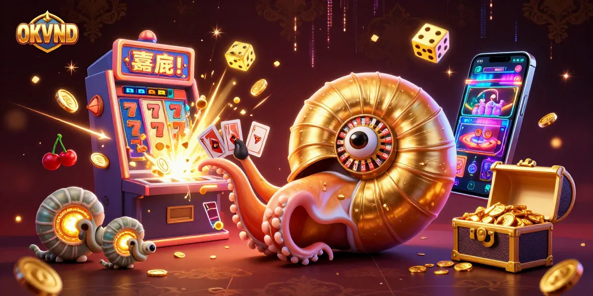 Experience thrilling OKVND casino excitement with a vibrant illustration of games, cards, and jackpot visuals.