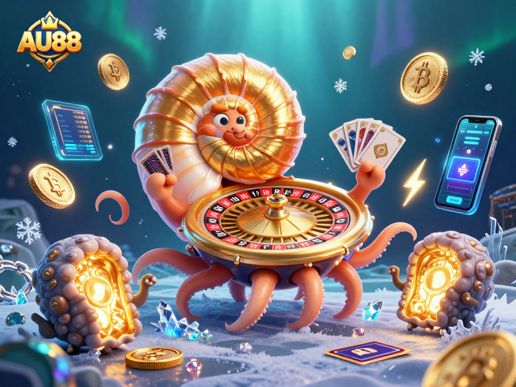 Engage with AU88's vibrant casino atmosphere, featuring a giant nautilus roulette wheel amidst cryptocurrency elements.