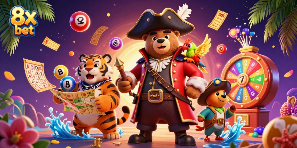 Engage with 8x bet lottery excitement through a vibrant scene featuring colorful balls and festive casino elements.