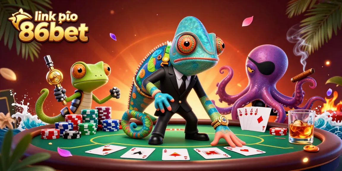 Engage with the thrilling link vào 86bet experience at a vibrant poker scene featuring dynamic characters.