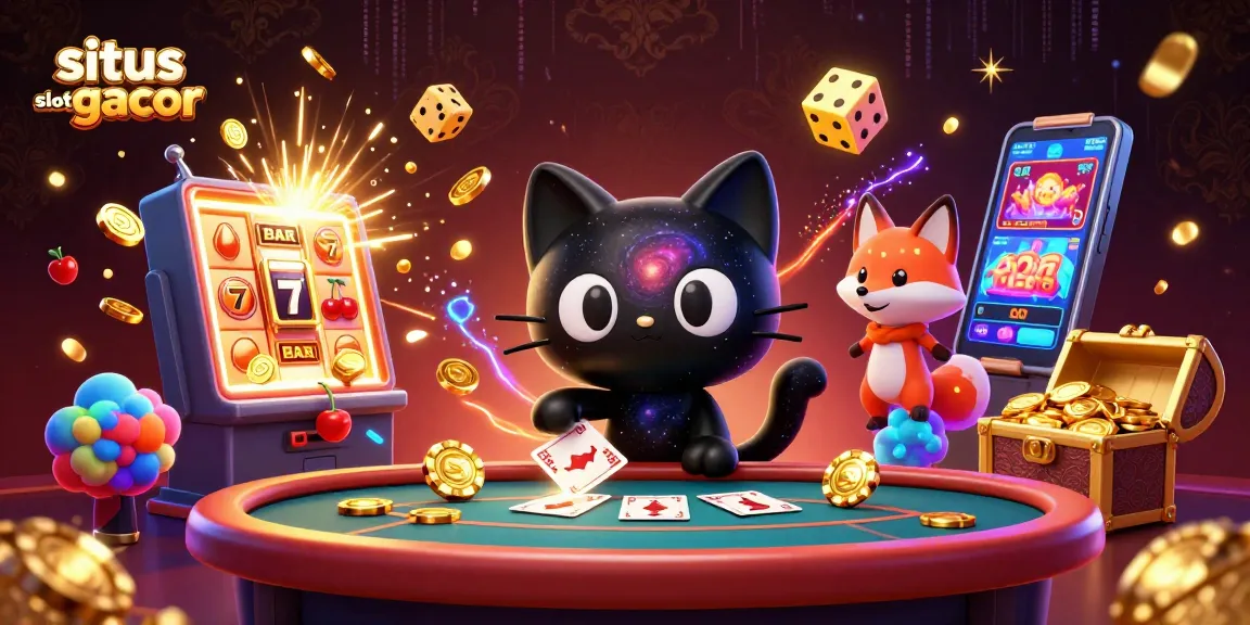 Menggoda pengguna untuk memainkan situs slot gacor dengan ilustrasi kasino kosmis, kucing lubang hitam dan rubah nebula yang menawan.