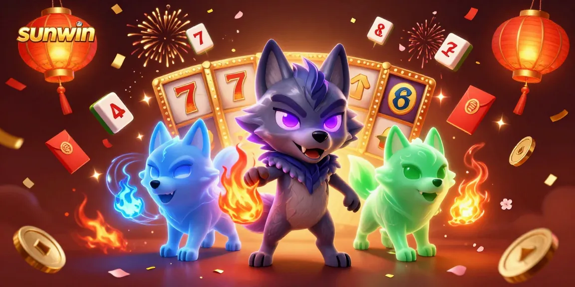 Experience thrilling slots action with sunwin's 3D cartoon wolves amidst glowing casino elements.
