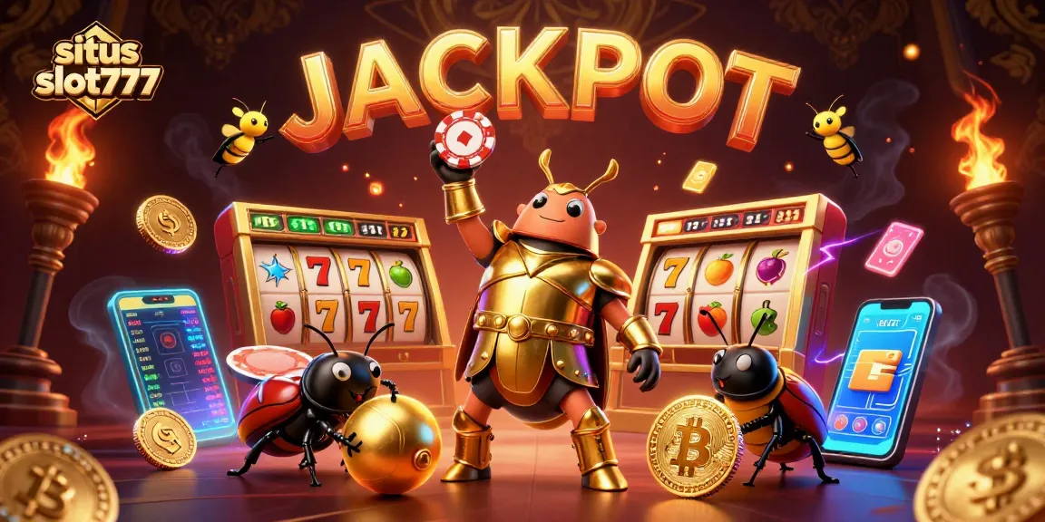 Situs slot777 showcases a cartoon beetle in armor lifting poker chips amid dynamic jackpot elements and glowing cryptocurrency.