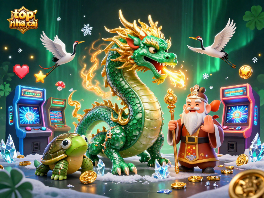 Engage with top nha cai for an immersive casino experience featuring a jade dragon and lucky cranes.