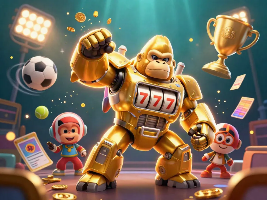 Experience the excitement of 8s gambling with a lively casino scene featuring a golden mech and dynamic sports elements.