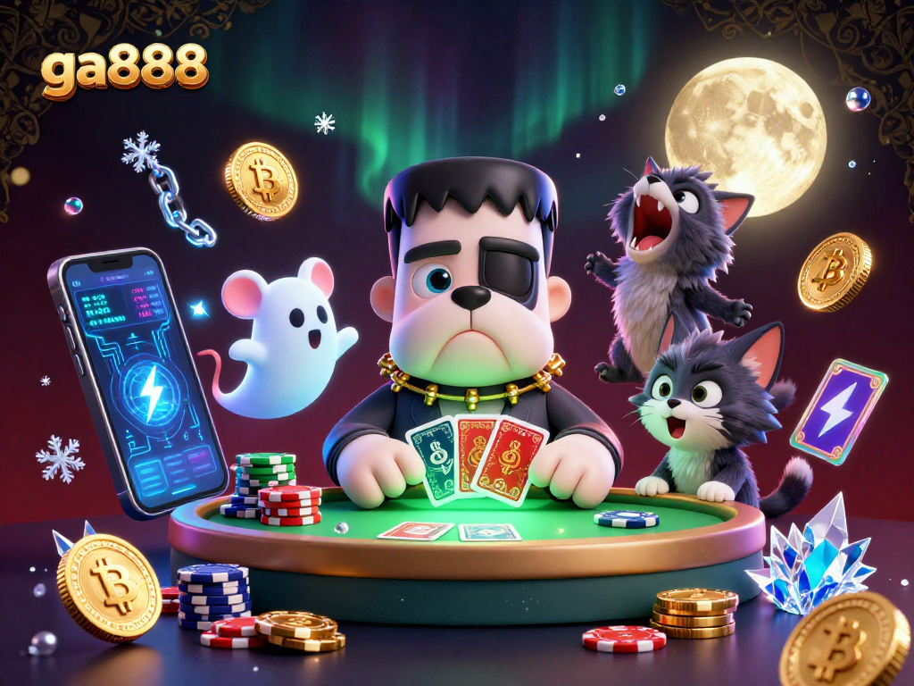 ga888 showcases a vibrant casino scene with a bulldog monster dealing cards and crypto elements.