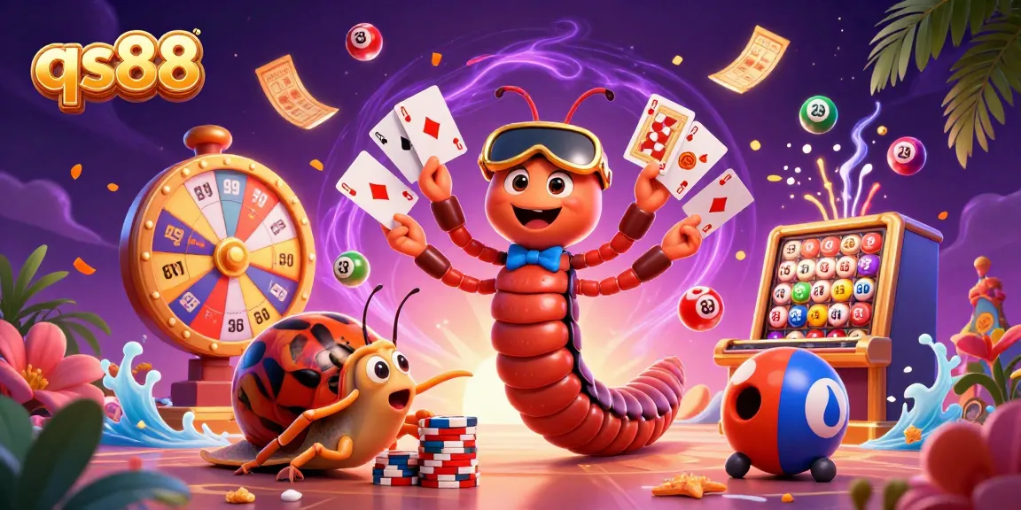 Engaging scene from qs88 featuring a millipede dealer fanning cards, surrounded by colorful lottery elements.