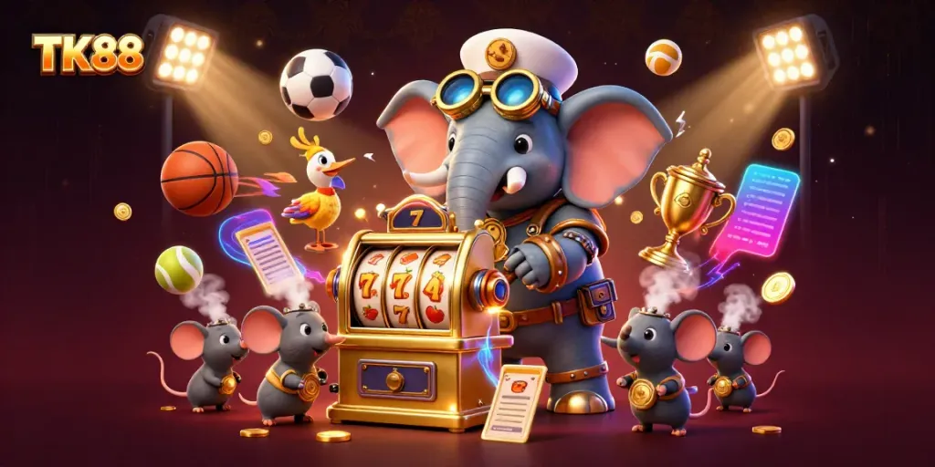 Engage with TK88 through a vibrant steampunk casino scene featuring a lively elephant engineer and thrilling slot machine action.