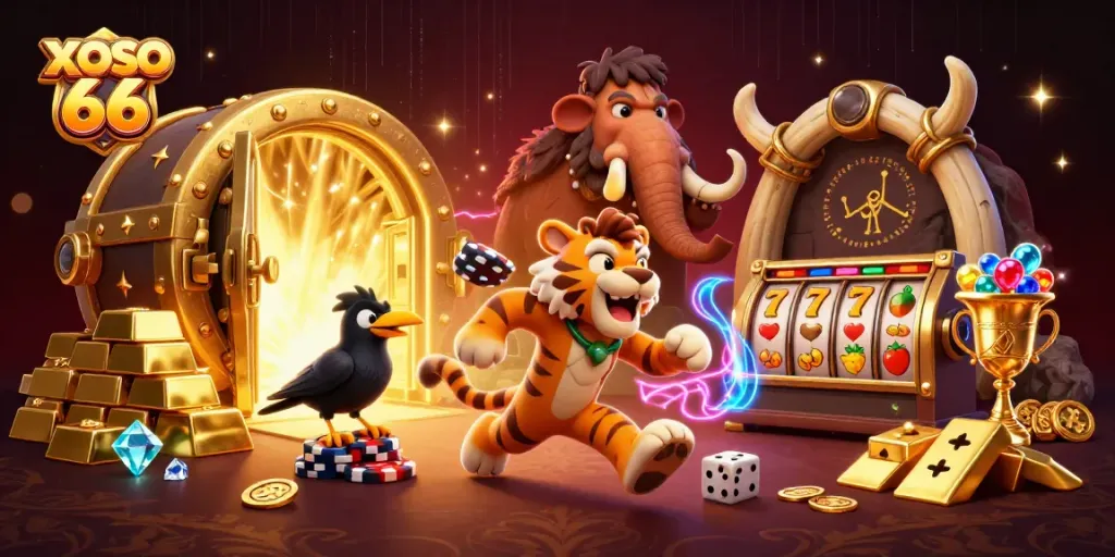 XOSO 66 illustrates an exciting prehistoric casino scene with playful characters and vibrant slot game elements.
