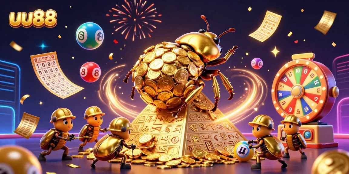 Experience thrilling fun with uu88 as golden beetles roll a jackpot of coins in vibrant casino imagery.