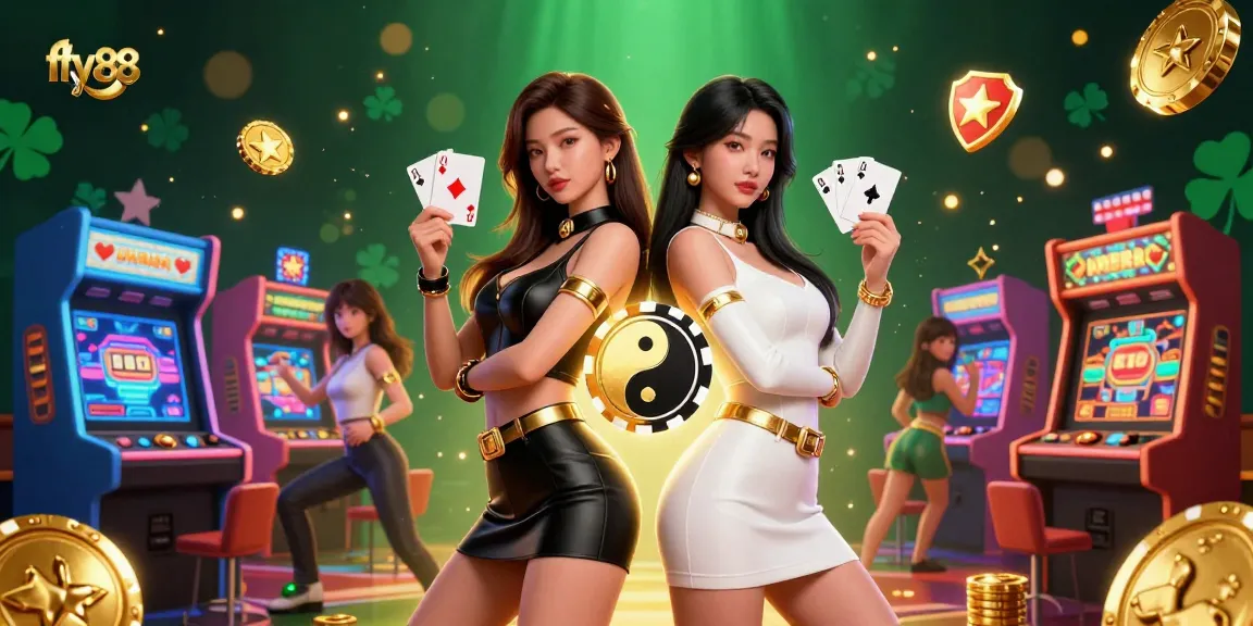 Experience thrilling gameplay at fly88 with stunning twin Asian women in a dynamic casino scene.