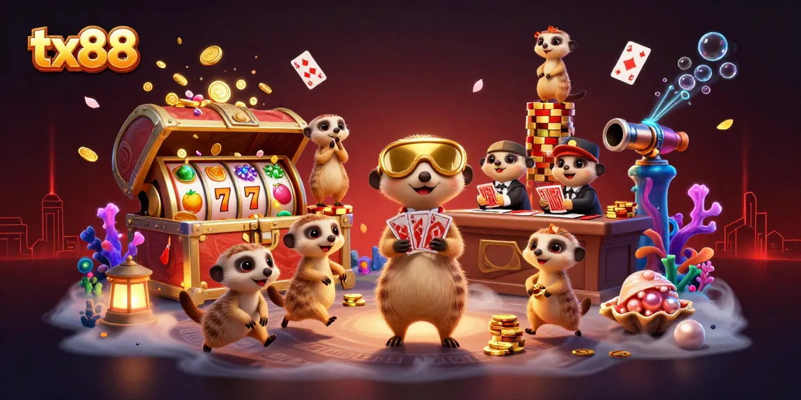 Experience tx88 with meerkats in a vibrant casino scene, showcasing thrilling action amidst dynamic gaming elements.