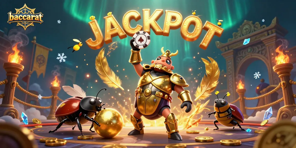 Baccarat game scene with a heroic beetle lifting a poker chip, symbolizing victory.