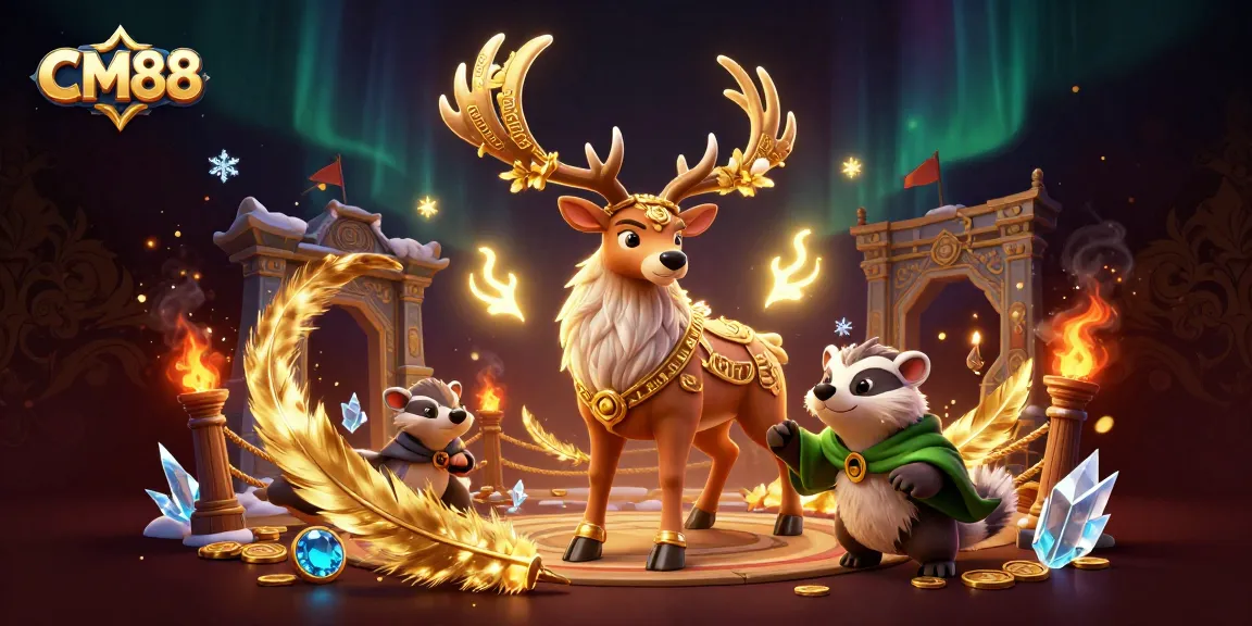 Experience CM88's magical online gaming realm with druid stag and wise badger under the aurora.