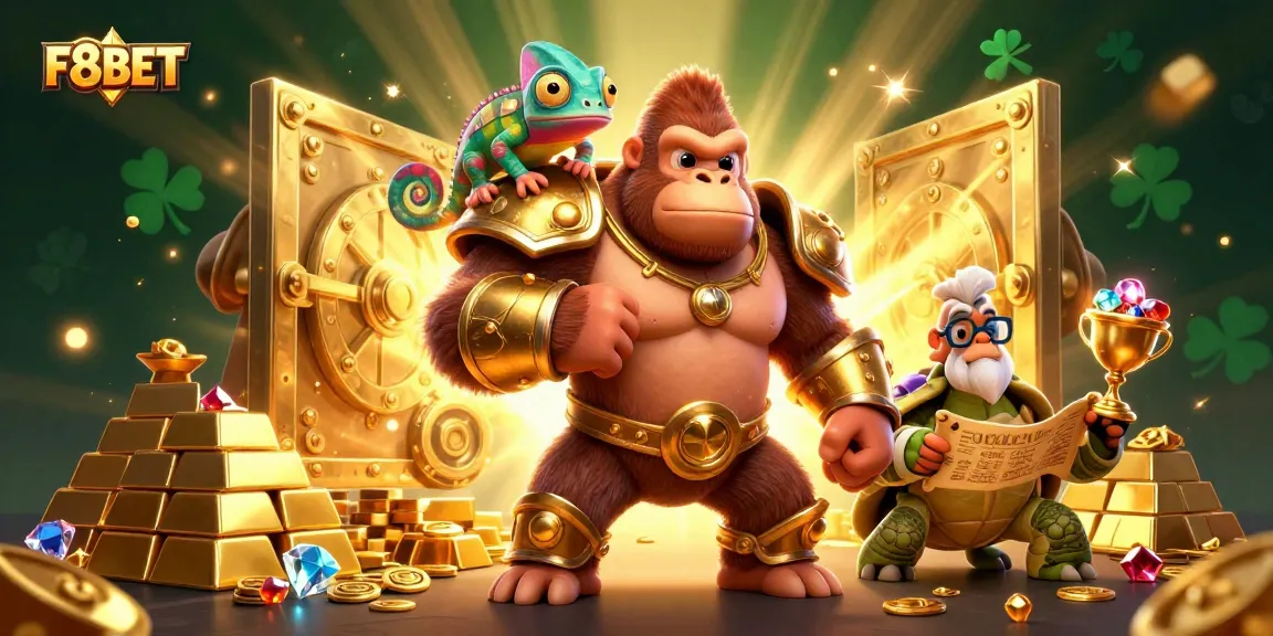 Experience F8BET's vibrant casino scene with a gorilla king and treasures, capturing the thrill of gaming.