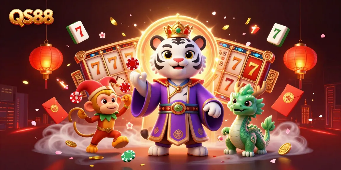 Experience thrilling gaming with QS88 and its vibrant characters in a majestic casino scene.