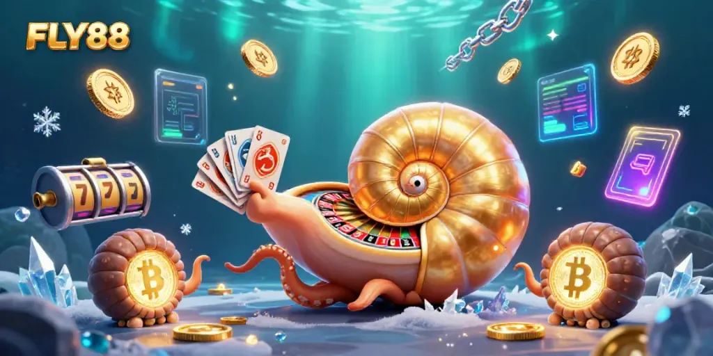 FLY88 offers an exciting gambling scene featuring a giant nautilus roulette and vibrant crypto elements.