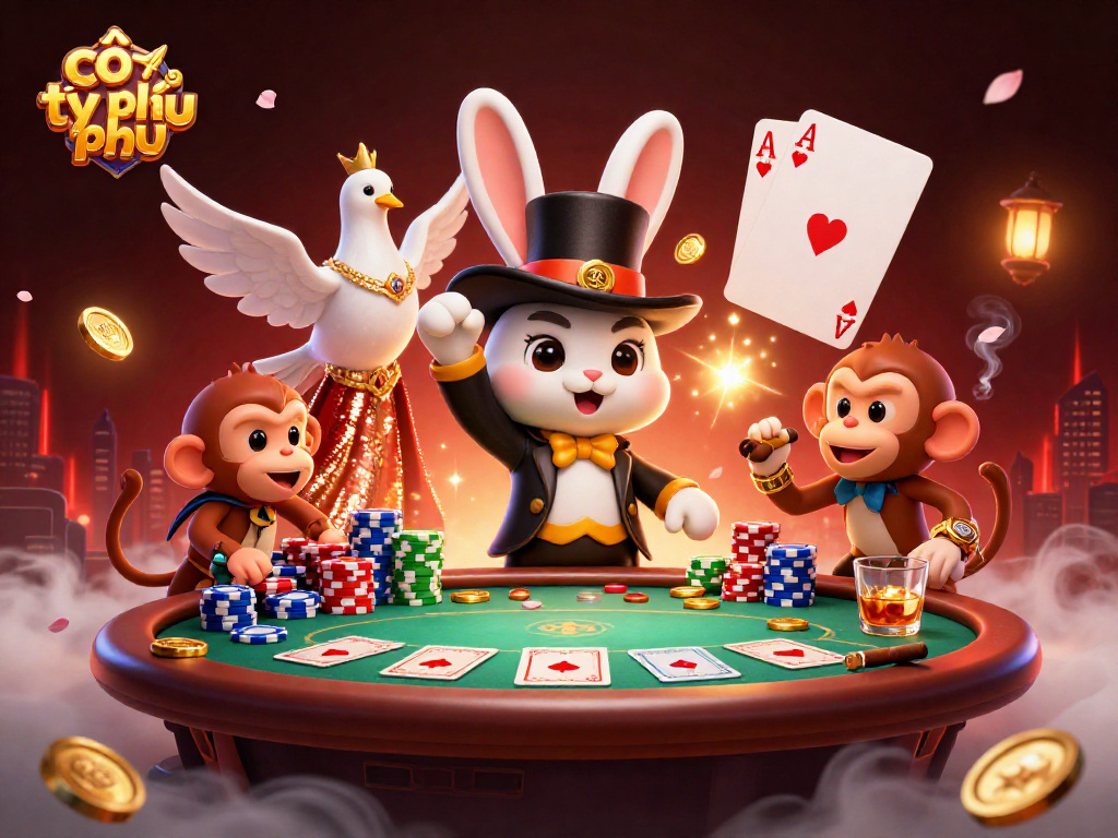 Experience the thrill of cờ tỷ phú with a magician rabbit and engaging casino elements in a vivid illustration.