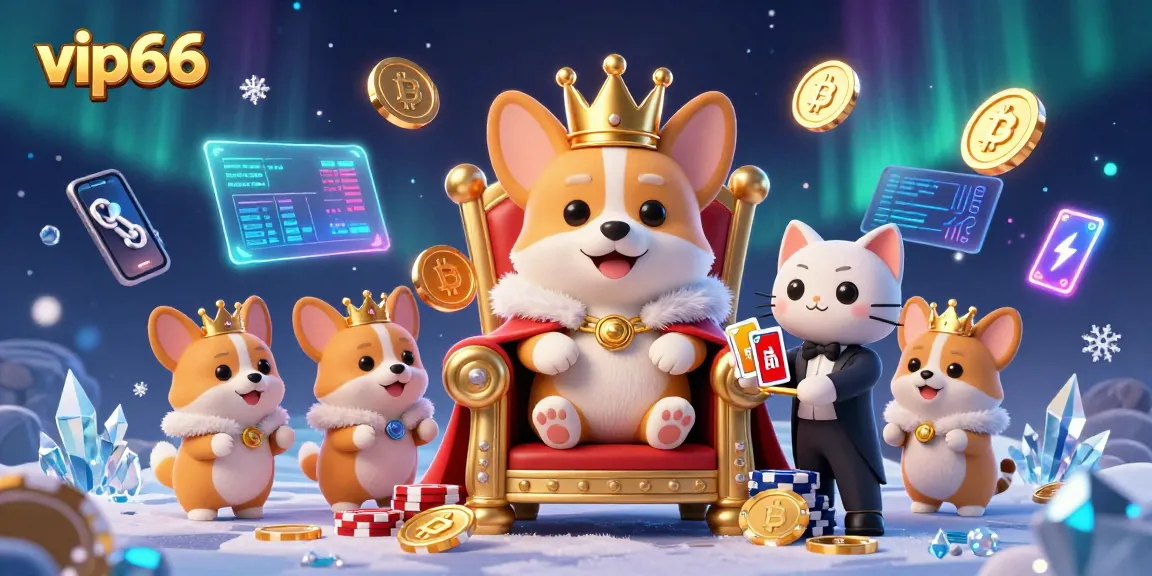Engage in thrilling gaming at vip66 with a royal corgi surrounded by gold coins and crypto elements.