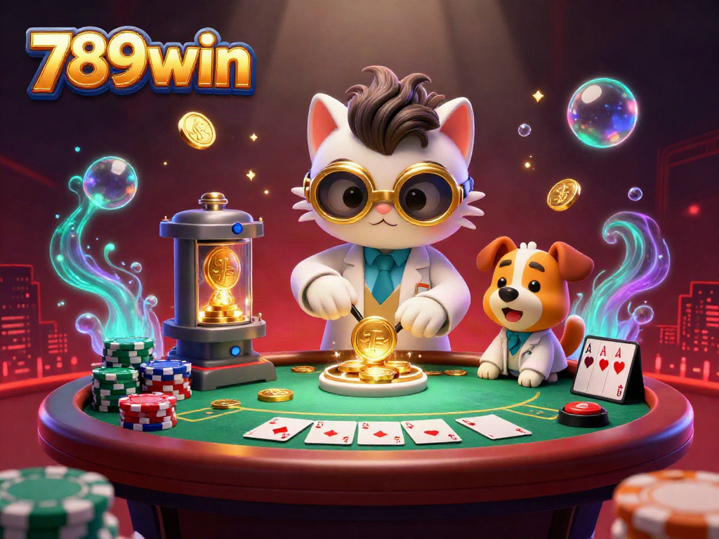 Engage in thrilling gameplay at 789win with a vibrant scene showcasing a cartoon mad scientist and his dog in a bustling casino.