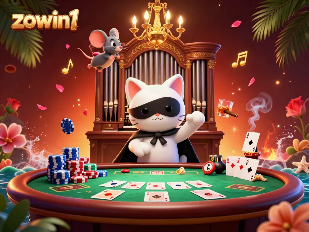 Experience the excitement of zowin1 with a lively 3D casino scene featuring unique characters and poker elements.