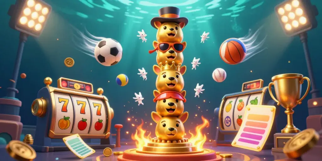 Engage with Nổ hũ through an animated casino scene showcasing vibrant slot reels and dynamic game elements.