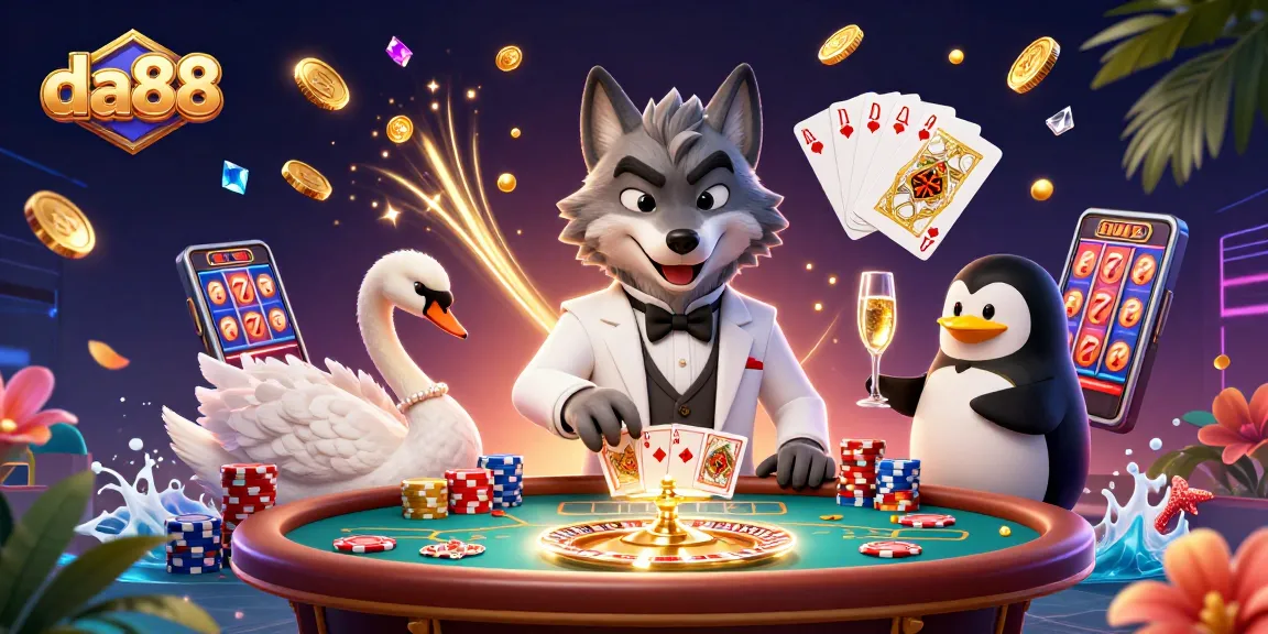 Experience the excitement at da88 with this vibrant casino scene showcasing games and characters.