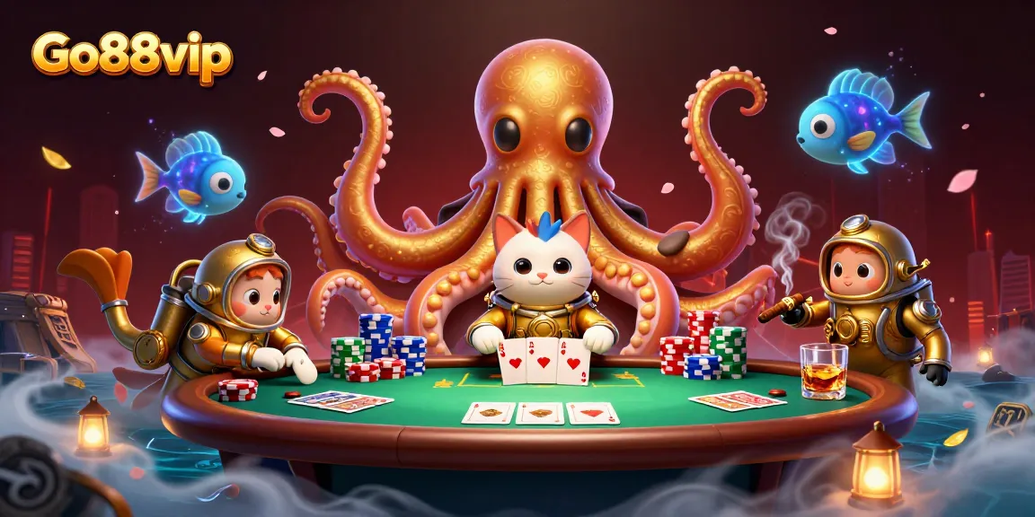 Experience thrilling games at Go88vip with a vibrant casino scene featuring a kraken and a diving cat.