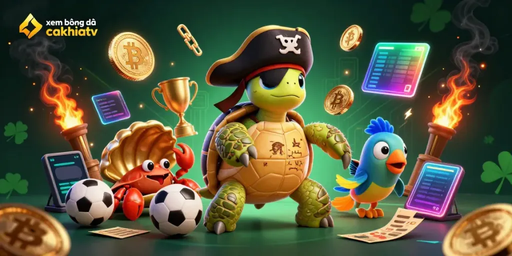 Xem bóng đá cakhiatv showcases a pirate turtle, a hermit crab, and parrotfish in a vibrant gambling scene.