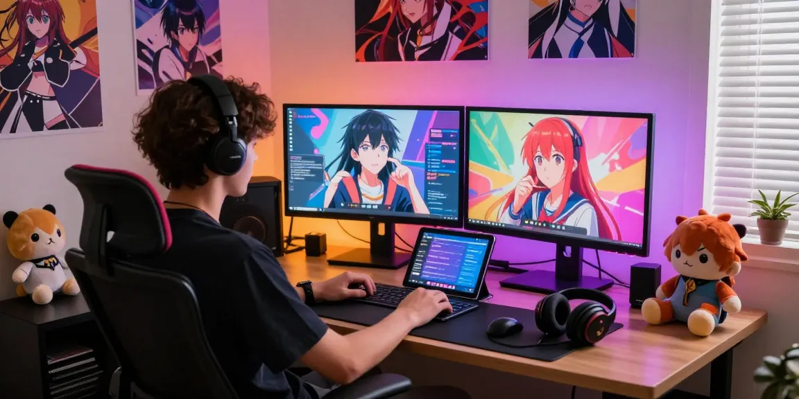 Engaging AI chat hentai scene with anime characters on dual monitors, vibrant decor, and modern workspace.