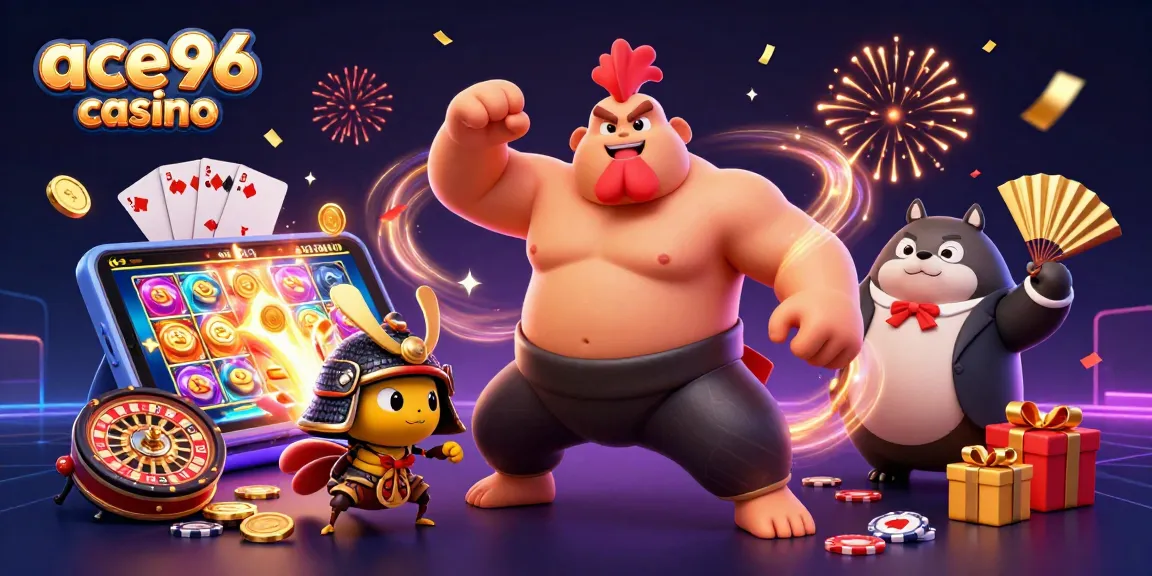 Engage with ace96 casino as the sumo rooster celebrates winning with vibrant slots and live games!