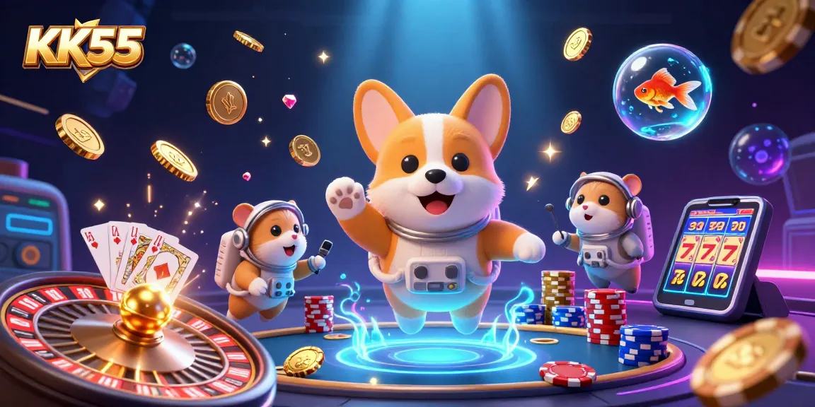 Experience KK55 with a vibrant casino scene featuring a corgi astronaut amidst floating coins and cards.