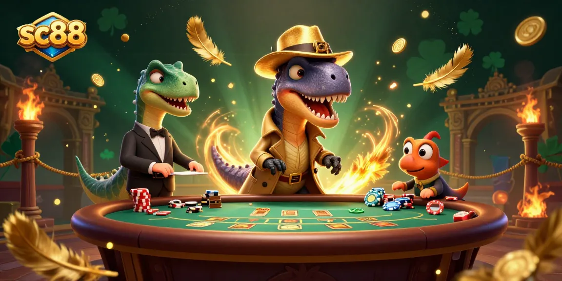 Bet large with sc88 in this vibrant scene featuring a velociraptor and companions at a blackjack table.